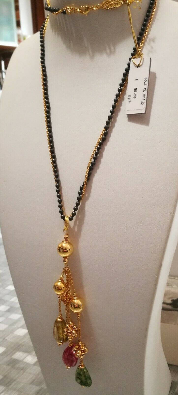 Collana Lunga Dorata Lorenzo Ungari Con Filo Di Ematite E Con Pietre Colorate